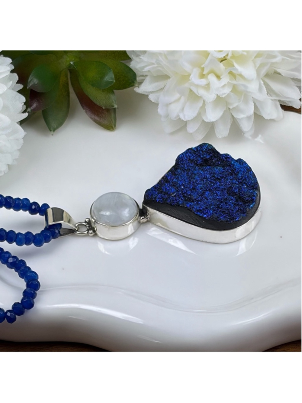 Genuine Titanium Druzy Quartz Moonstone Pendant Necklace Jewelry Set Lot 925 - Picture 6 of 11